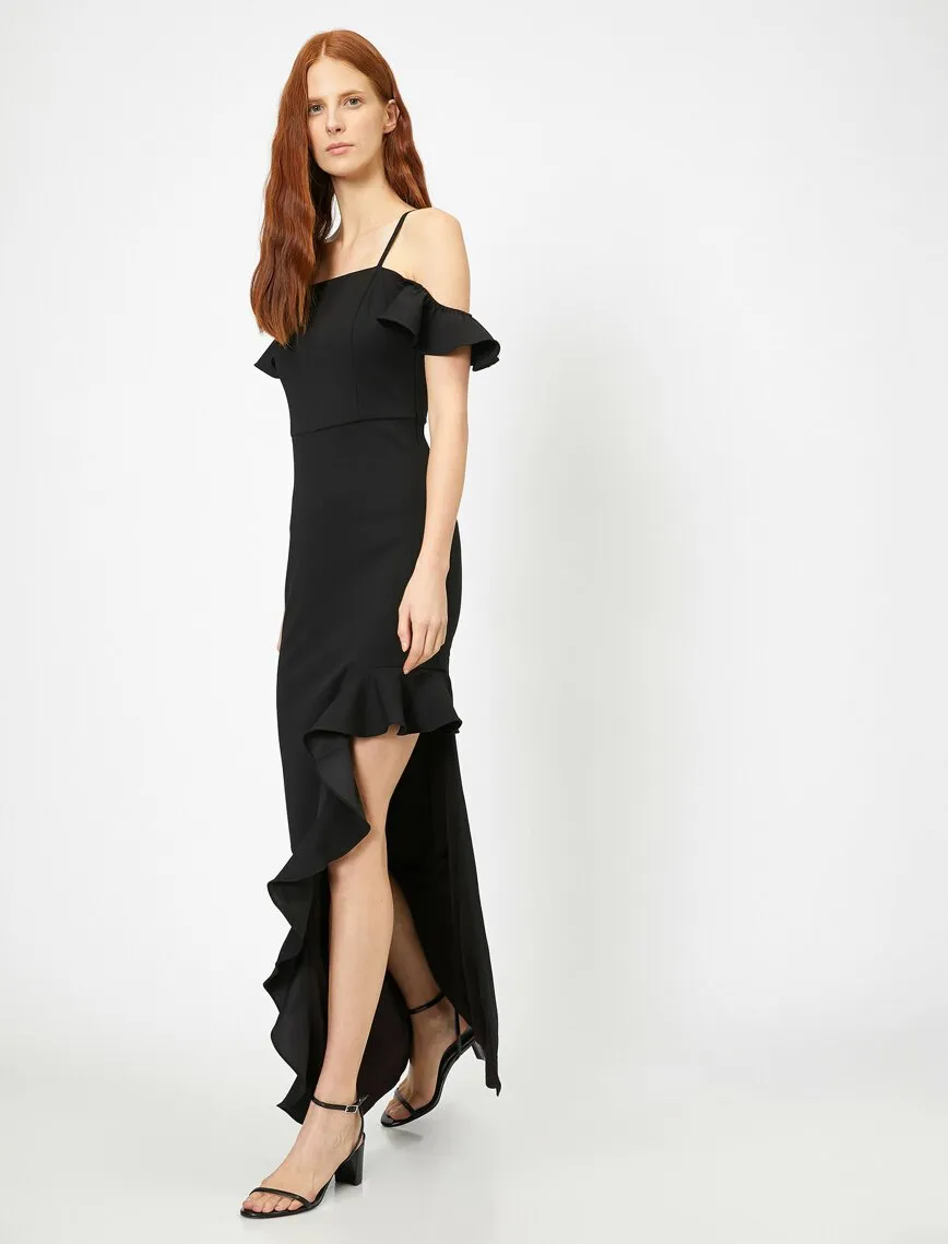 15168 Black Ruffle Slit Dress