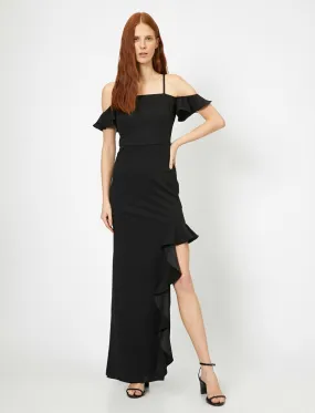 15168 Black Ruffle Slit Dress