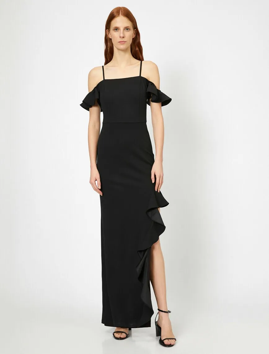 15168 Black Ruffle Slit Dress