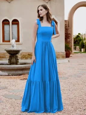 A-Line Bow Ruffle Sleeveless Chiffon Dress Ocean Blue