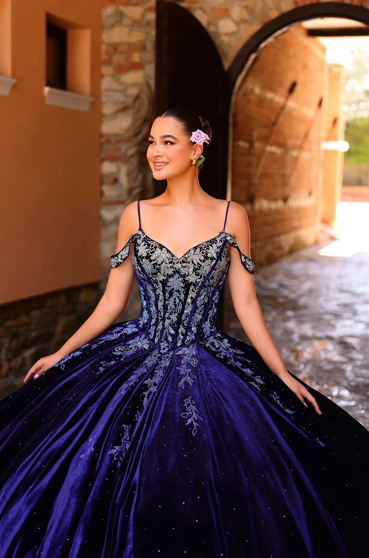 Amarra 54316 Velvet quinceanera Dress Crystal Corset Ball Gown off the shoulder Party Dresses