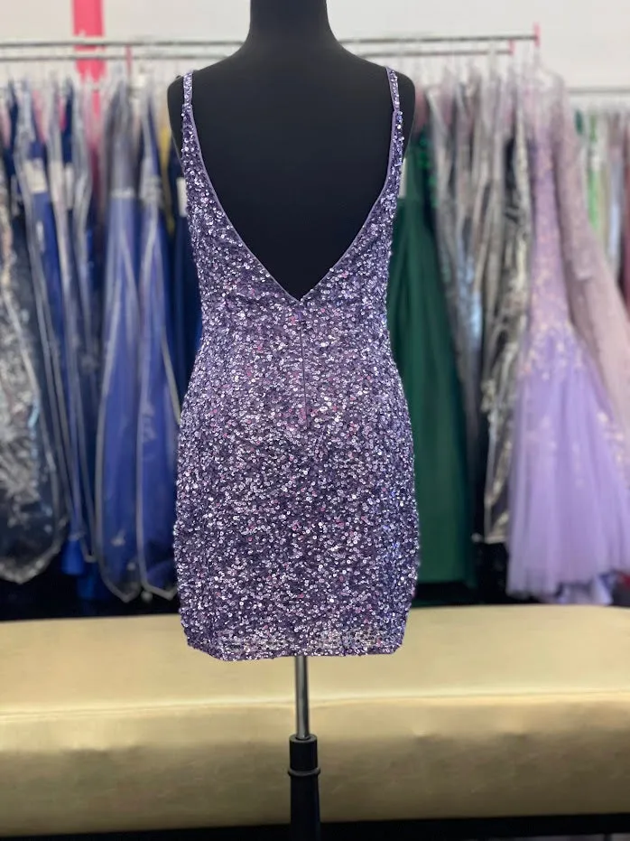 Amarra 87452 Size 16 Lilac Short Fitted Sequin Homecoming Dress Formal V Neck Cocktail Dress