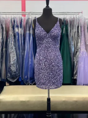 Amarra 87452 Size 16 Lilac Short Fitted Sequin Homecoming Dress Formal V Neck Cocktail Dress