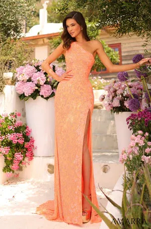 Amarra 94017 Long Prom Dress One Shoulder Mermaid Lace Sequin High Slit Formal Pageant Gown