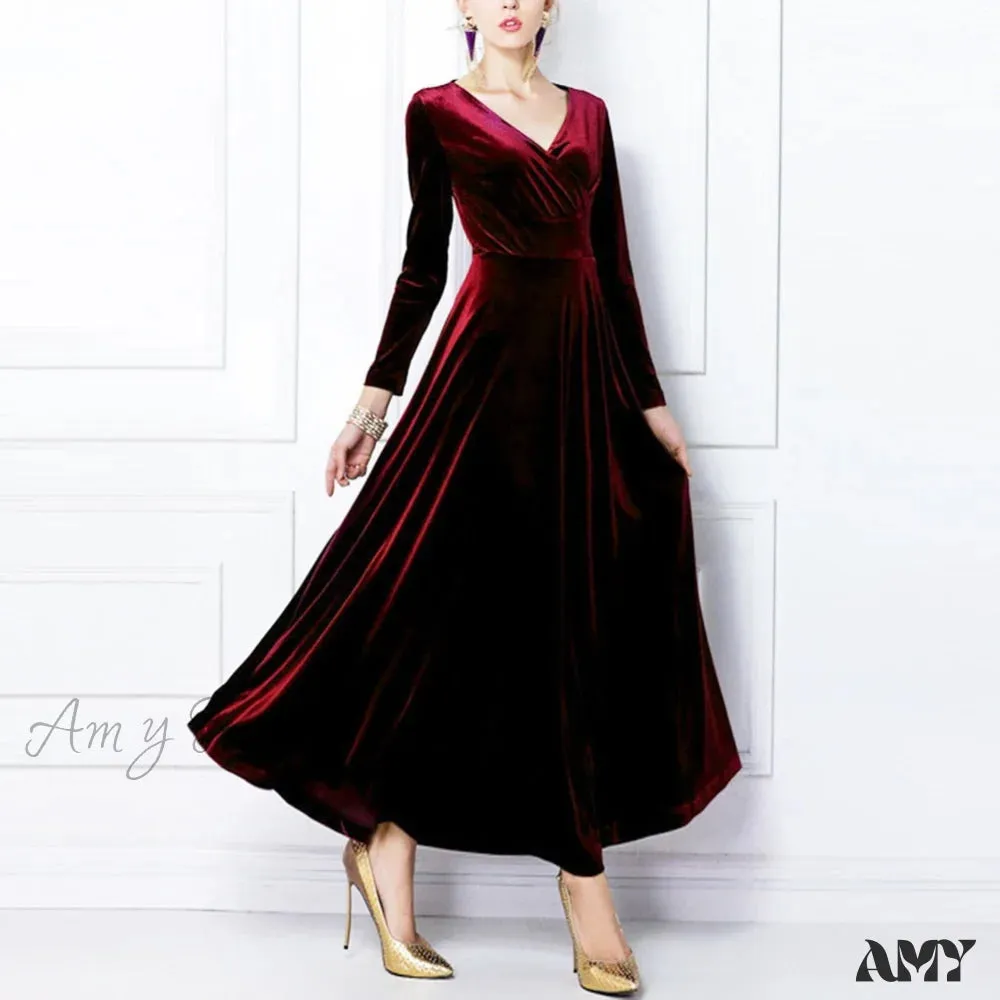 Amy Fashion - V Neck Pleated Velvet Banquet Maxi Dress