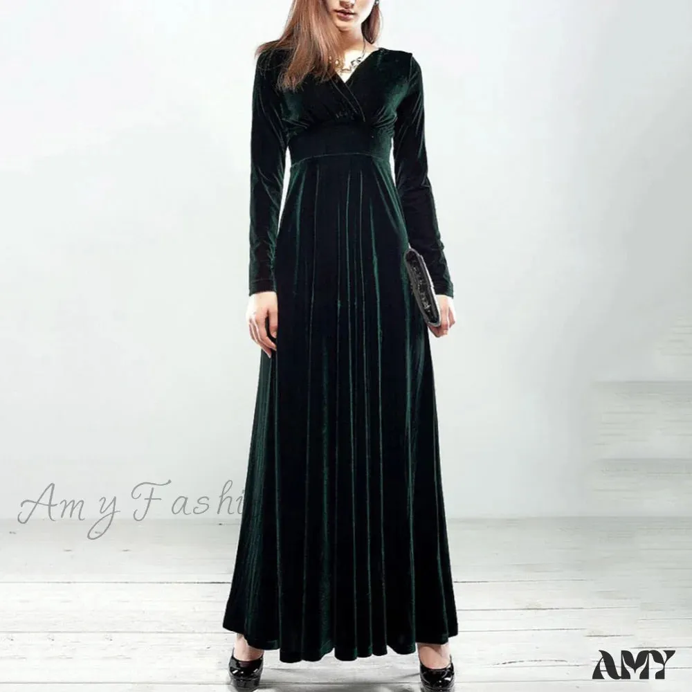 Amy Fashion - V Neck Pleated Velvet Banquet Maxi Dress