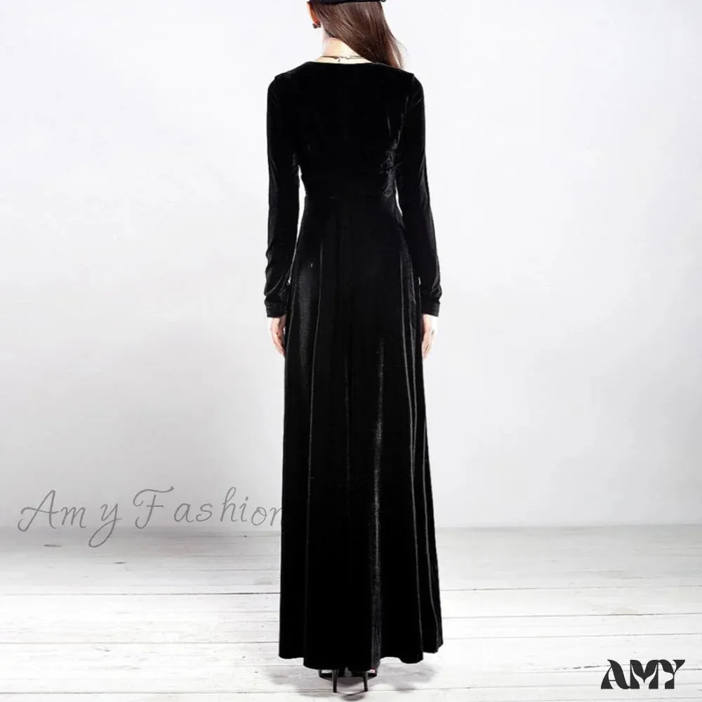 Amy Fashion - V Neck Pleated Velvet Banquet Maxi Dress