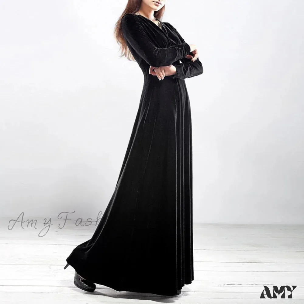 Amy Fashion - V Neck Pleated Velvet Banquet Maxi Dress