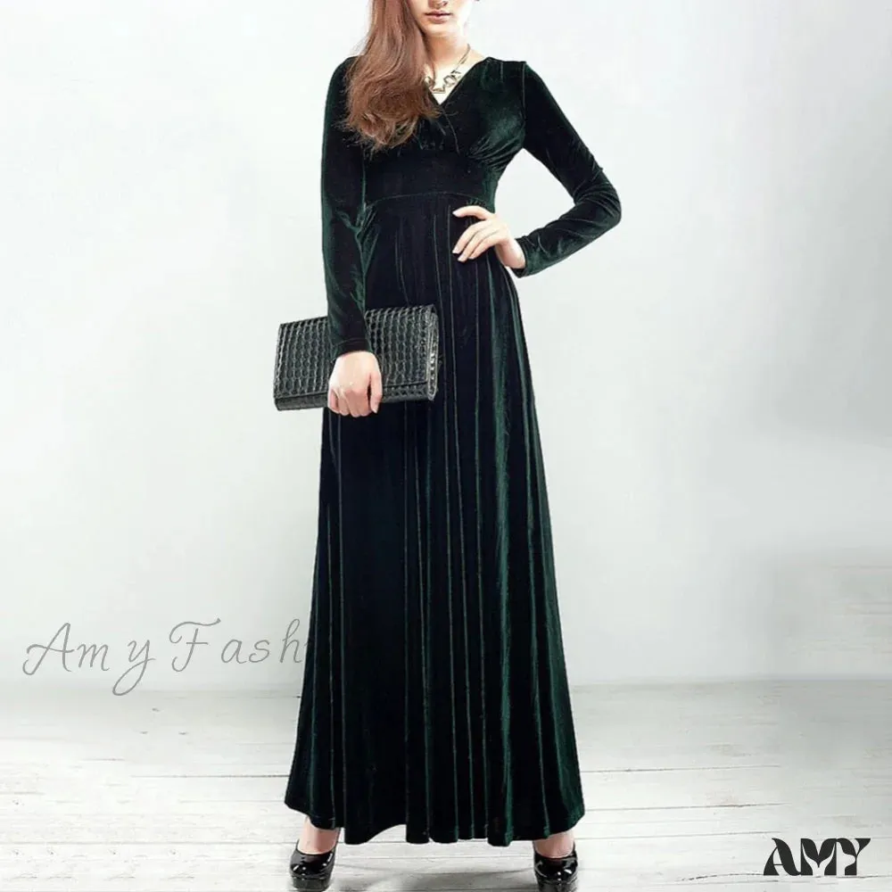 Amy Fashion - V Neck Pleated Velvet Banquet Maxi Dress