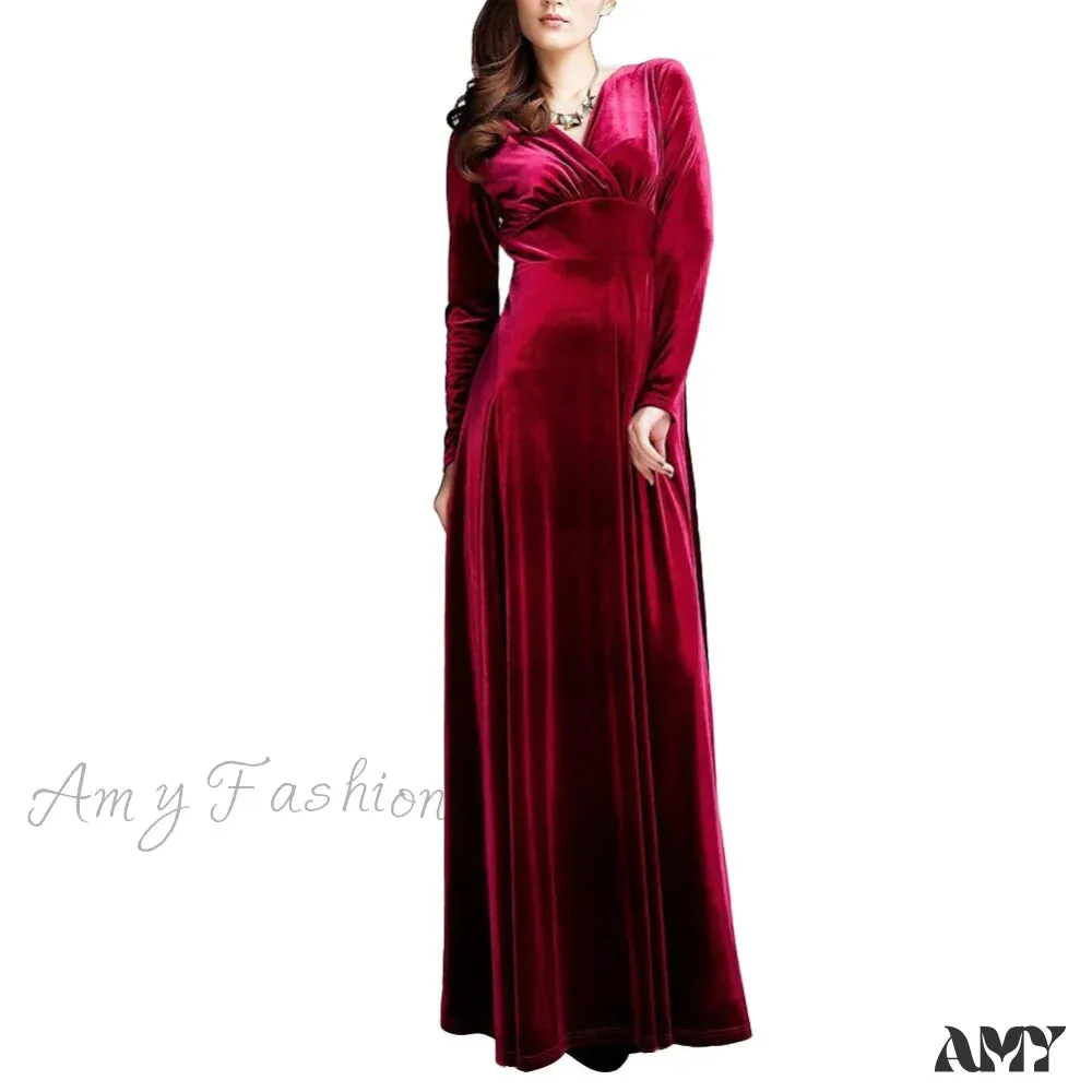 Amy Fashion - V Neck Pleated Velvet Banquet Maxi Dress