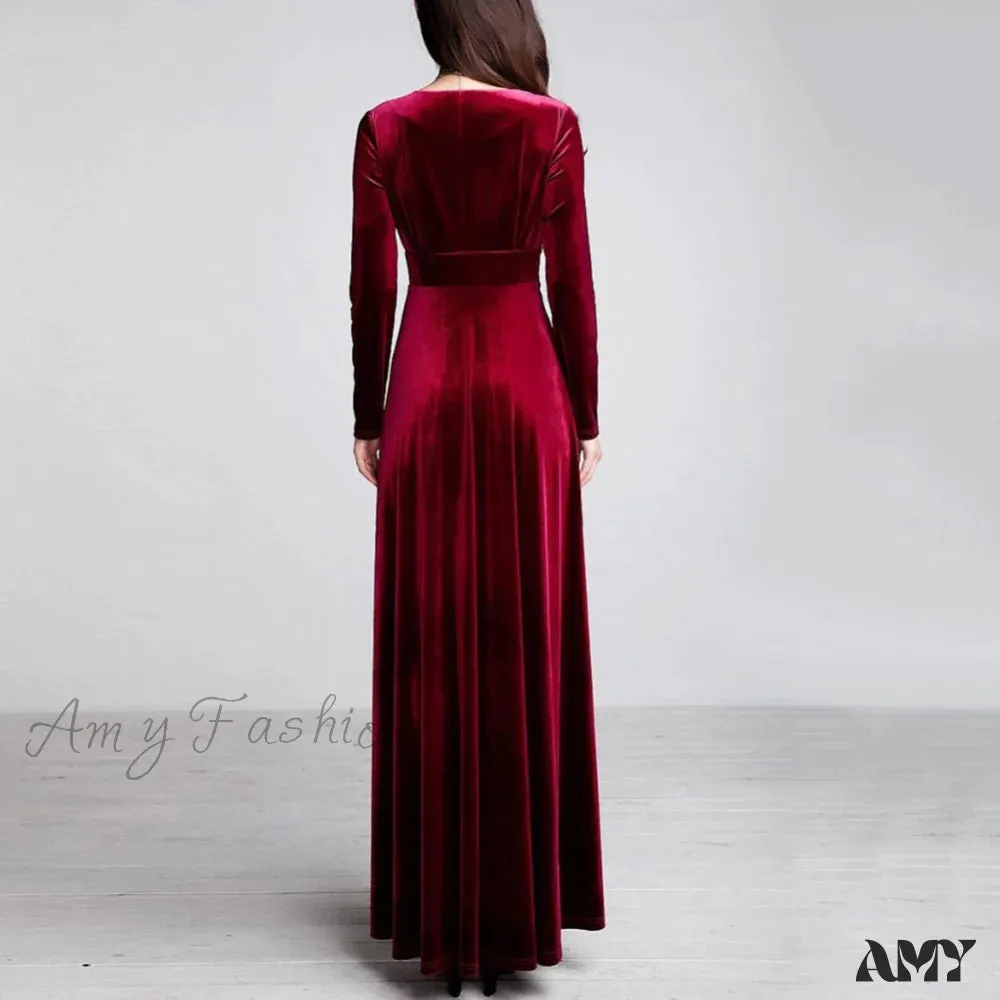 Amy Fashion - V Neck Pleated Velvet Banquet Maxi Dress