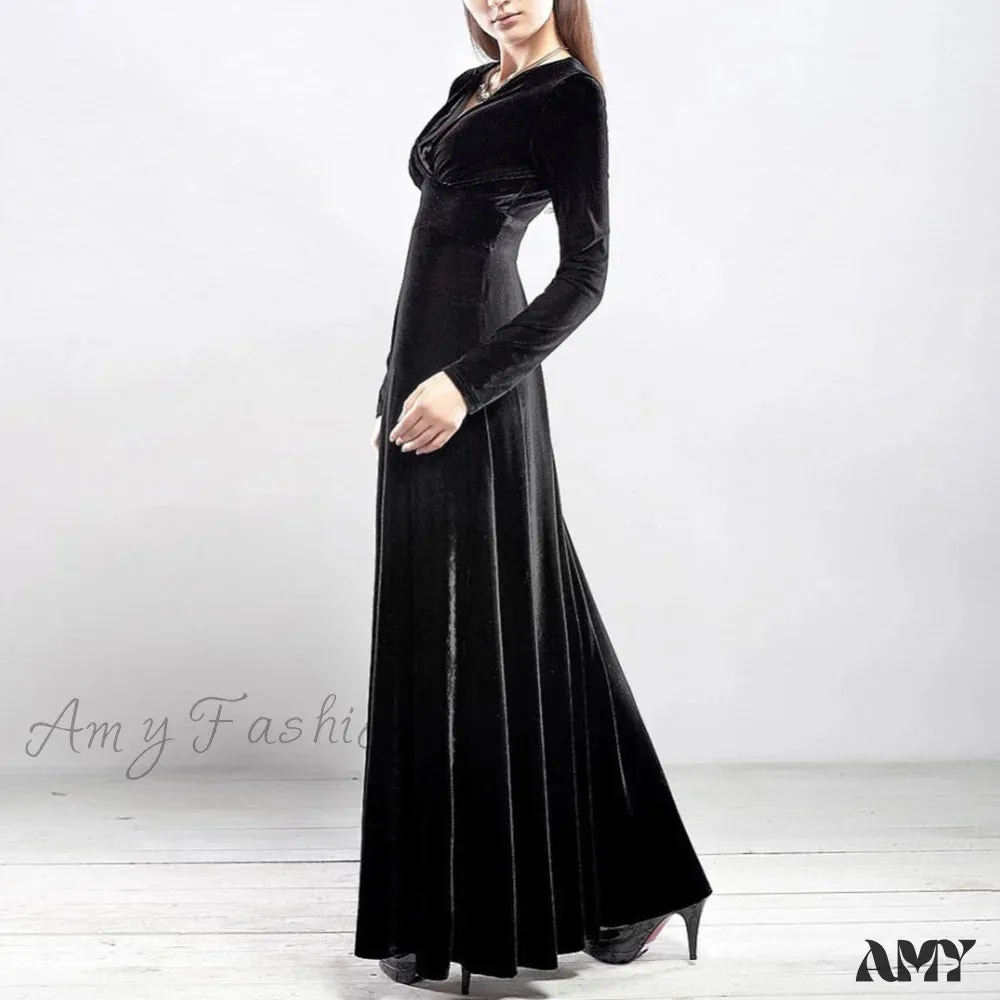 Amy Fashion - V Neck Pleated Velvet Banquet Maxi Dress