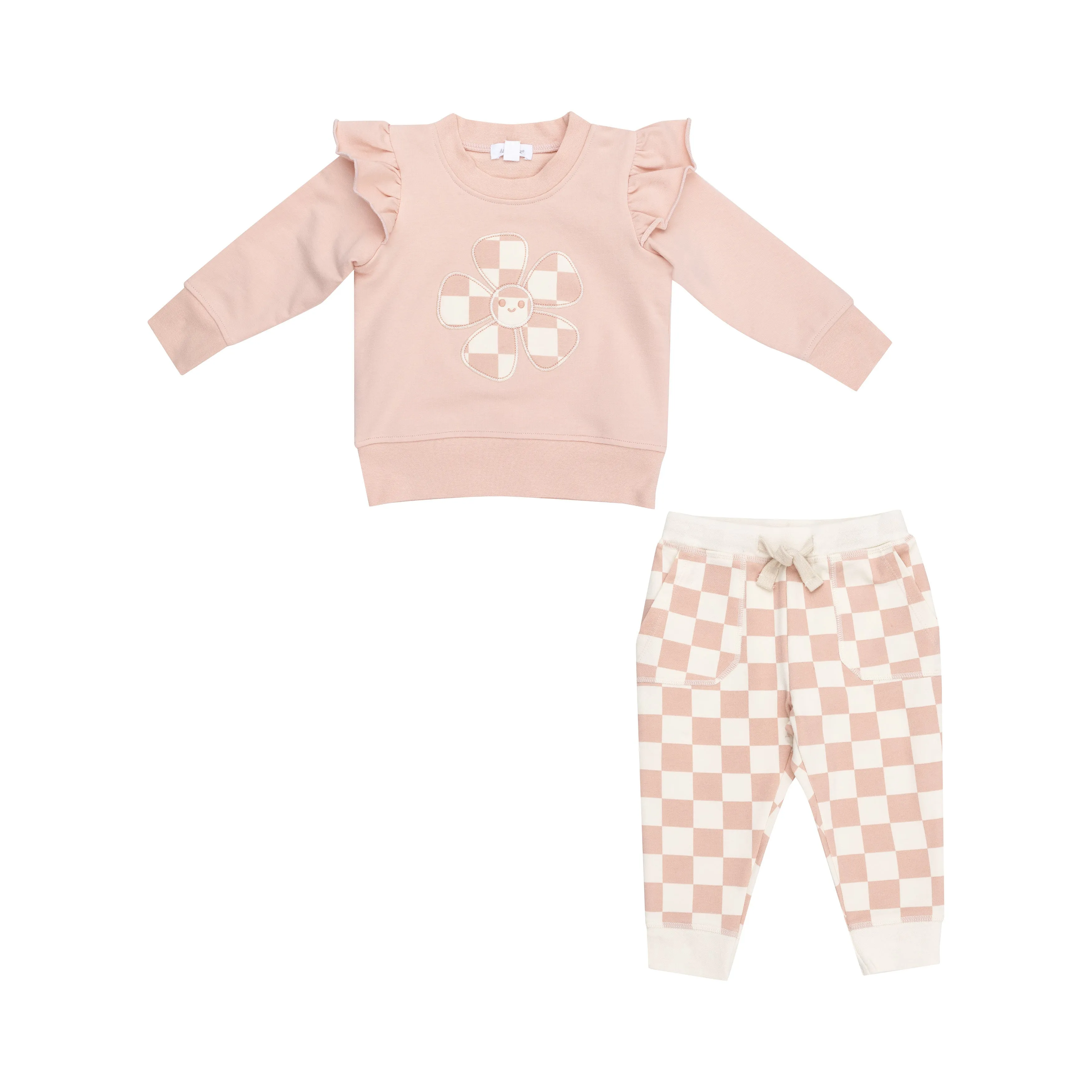 Angel Dear French Terry Checkerboard Pink Ruffle Patch Sweatshirt   Jogger