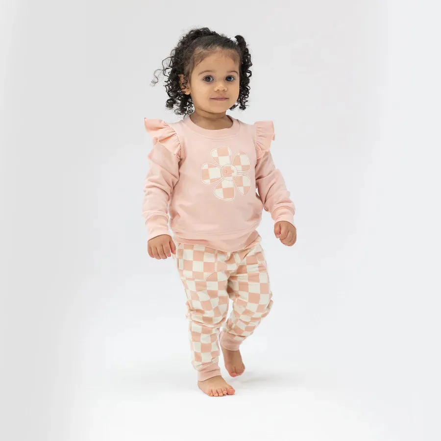 Angel Dear French Terry Checkerboard Pink Ruffle Patch Sweatshirt   Jogger