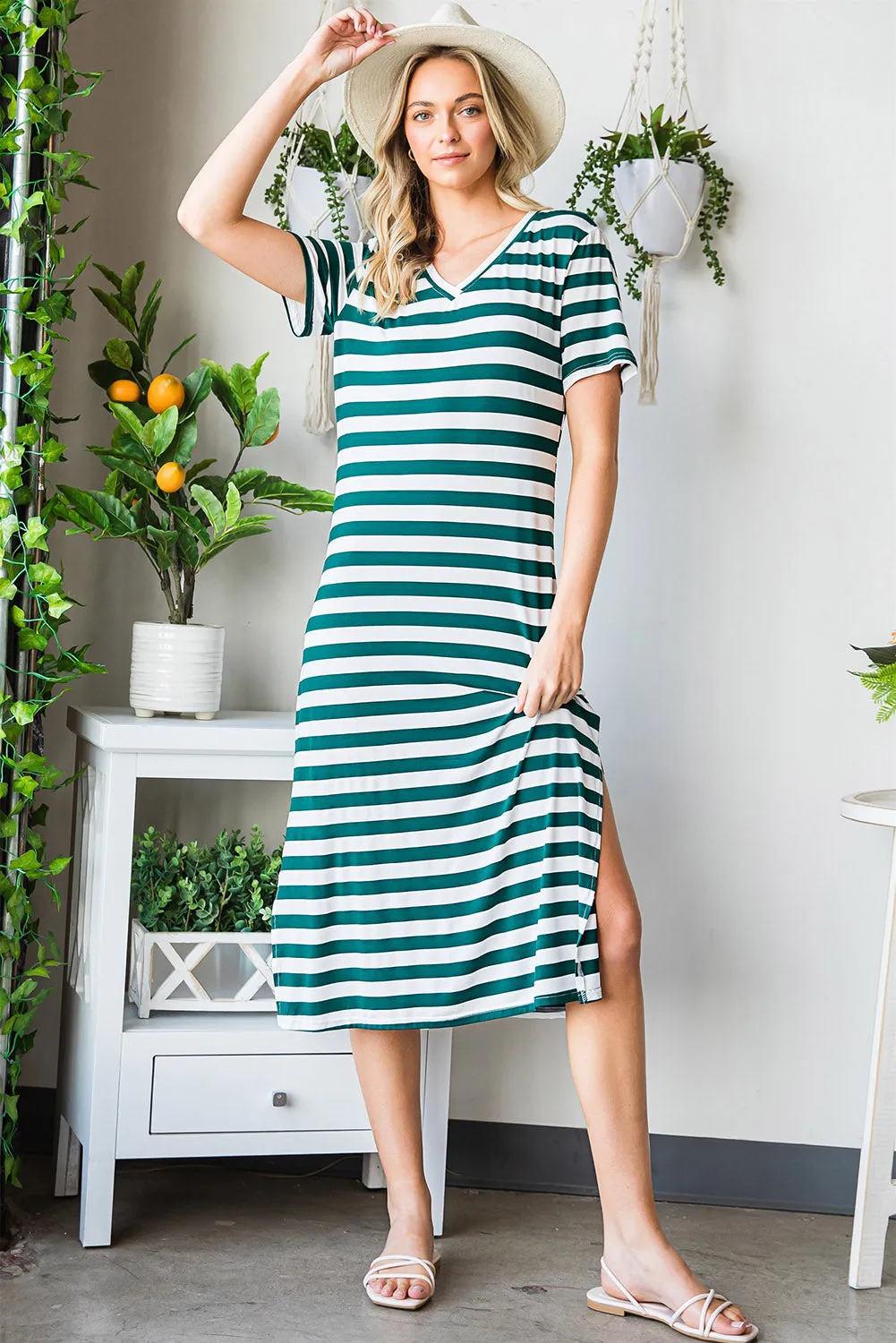 *APP EXCLUSIVE* Striped Vneck Side Slit Maxi Dress