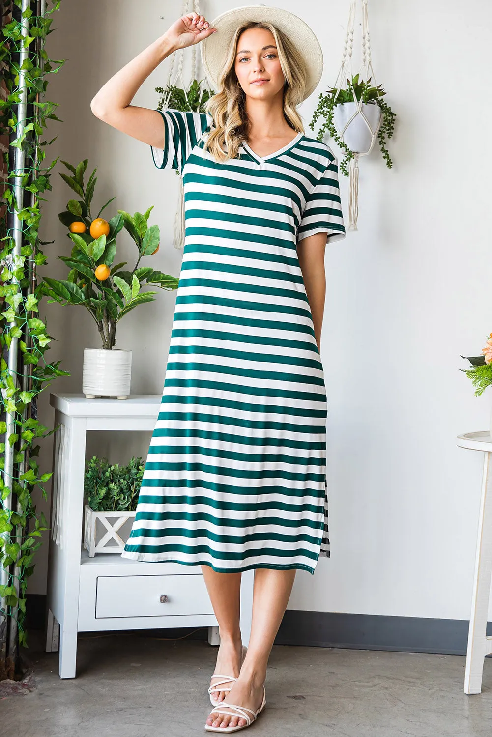 *APP EXCLUSIVE* Striped Vneck Side Slit Maxi Dress