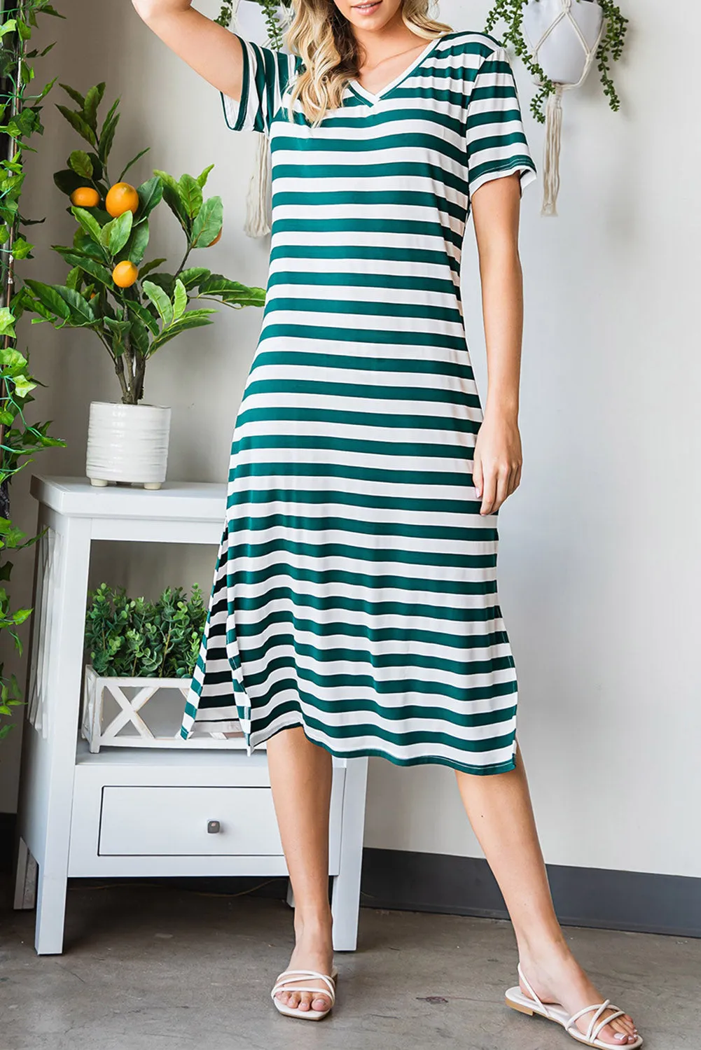 *APP EXCLUSIVE* Striped Vneck Side Slit Maxi Dress