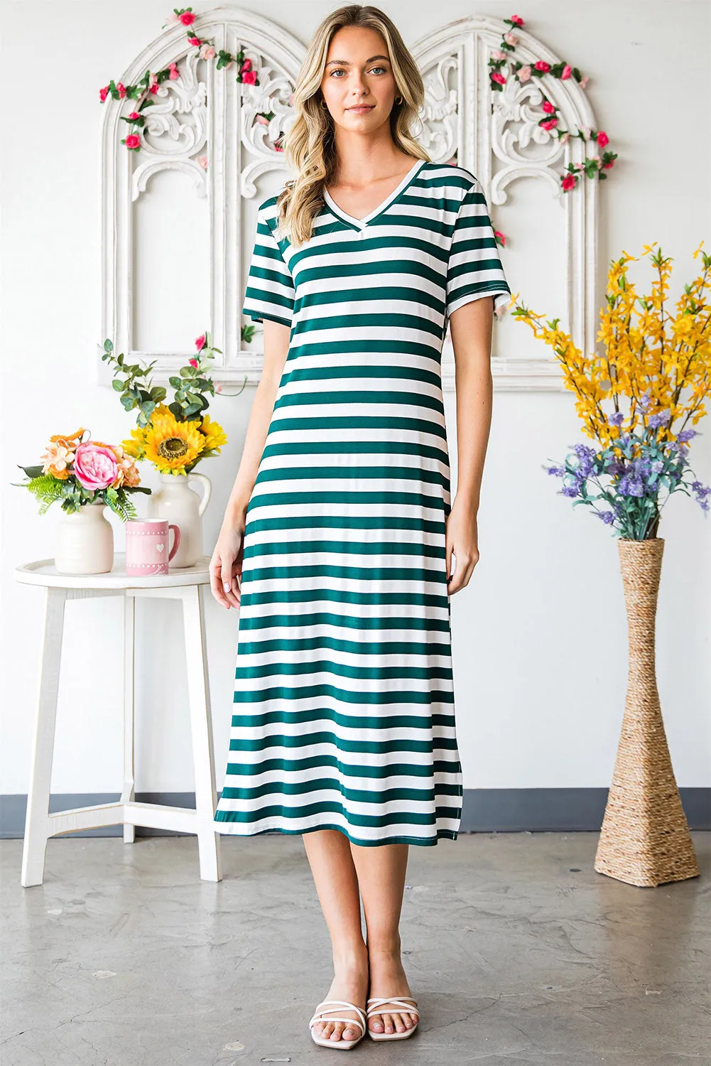 *APP EXCLUSIVE* Striped Vneck Side Slit Maxi Dress