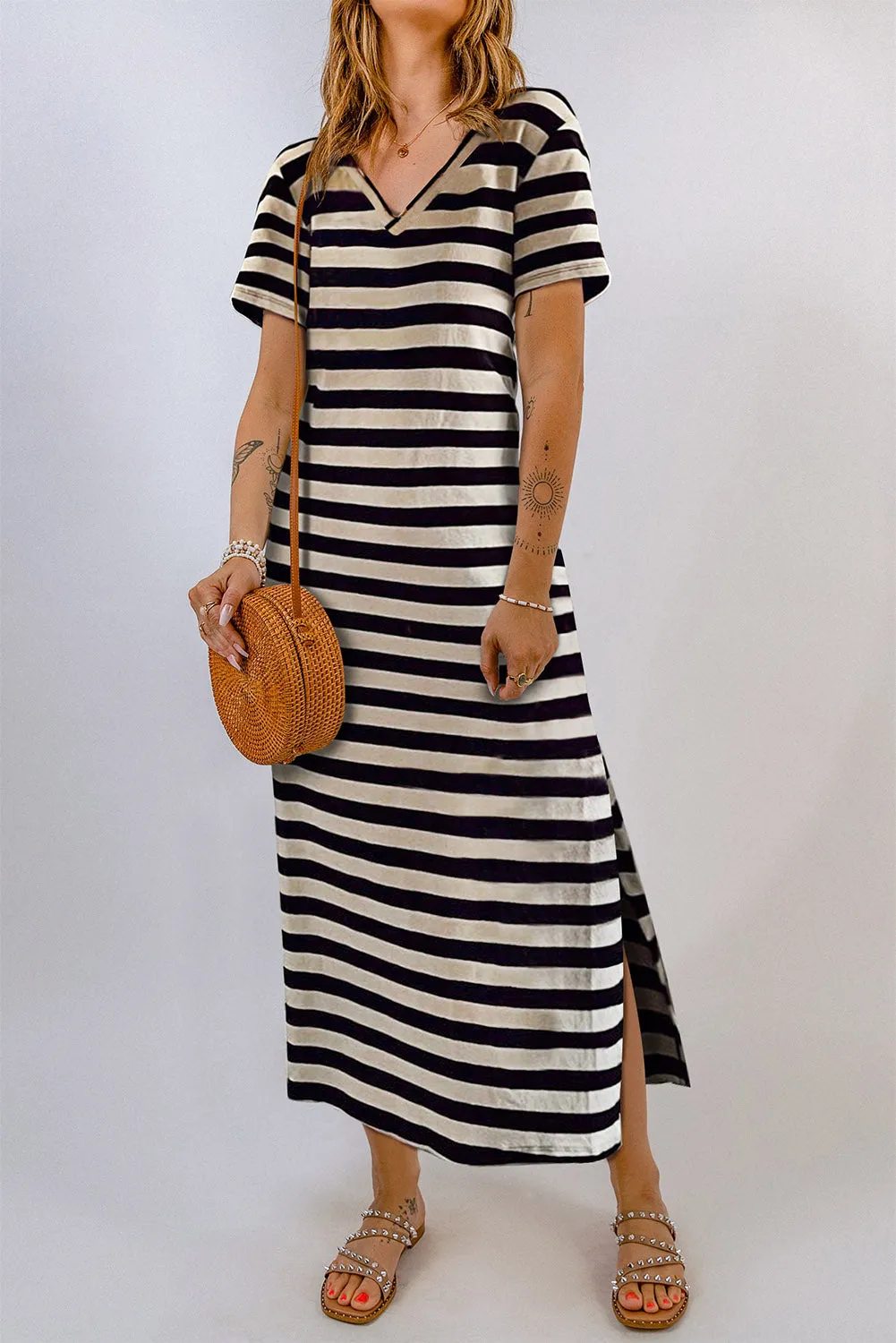 *APP EXCLUSIVE* Striped Vneck Side Slit Maxi Dress