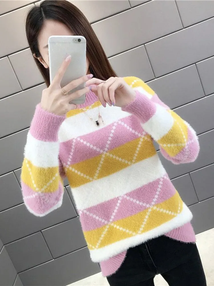 Argyle Women Pullover Sweater Winter Thick Warm Student Knitted Jumper Cute Pink Patchwork Korean Loose Ladies Coats