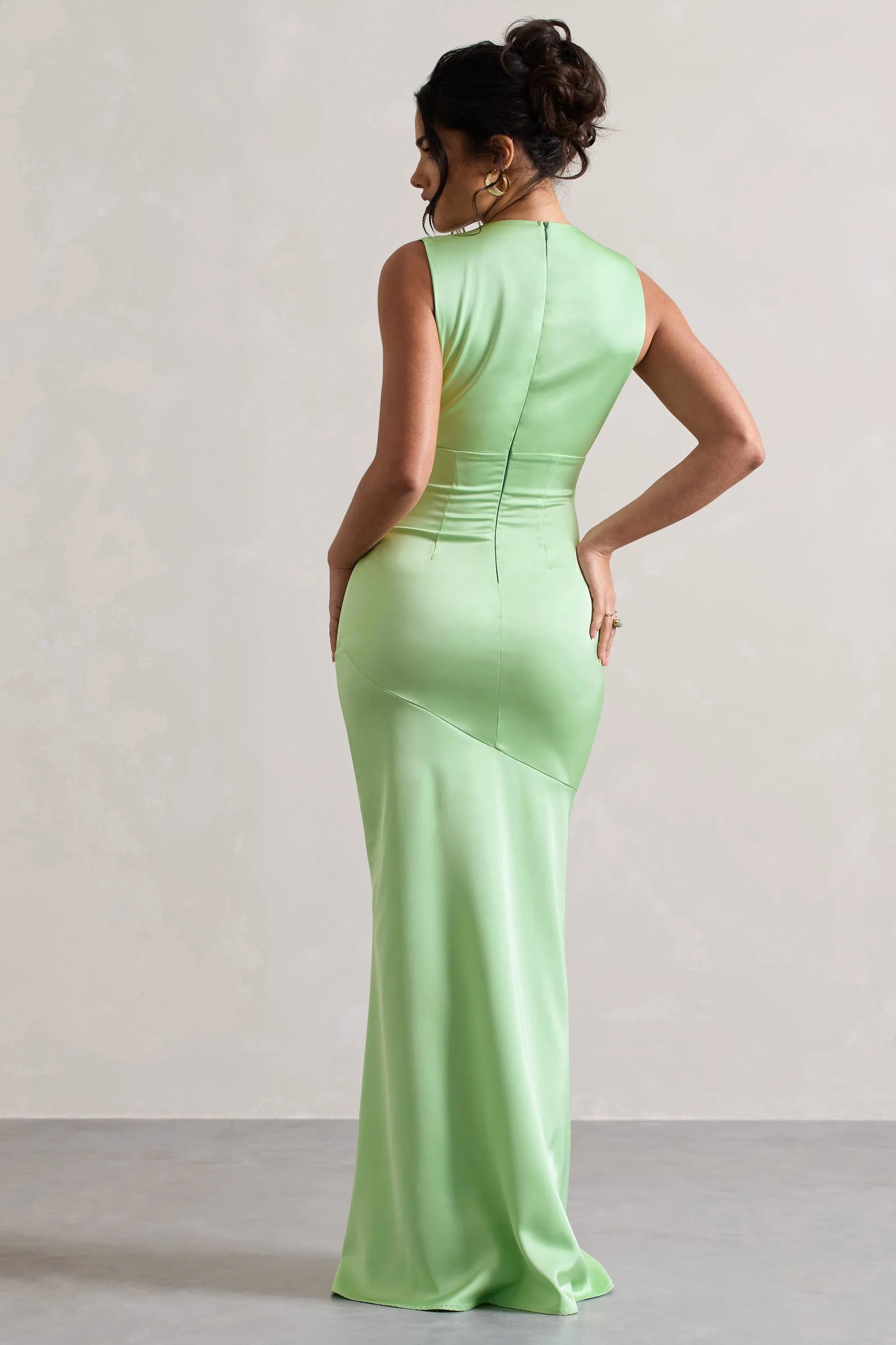 Azzara | Light Green Satin Ruched V-Neck Maxi Dress