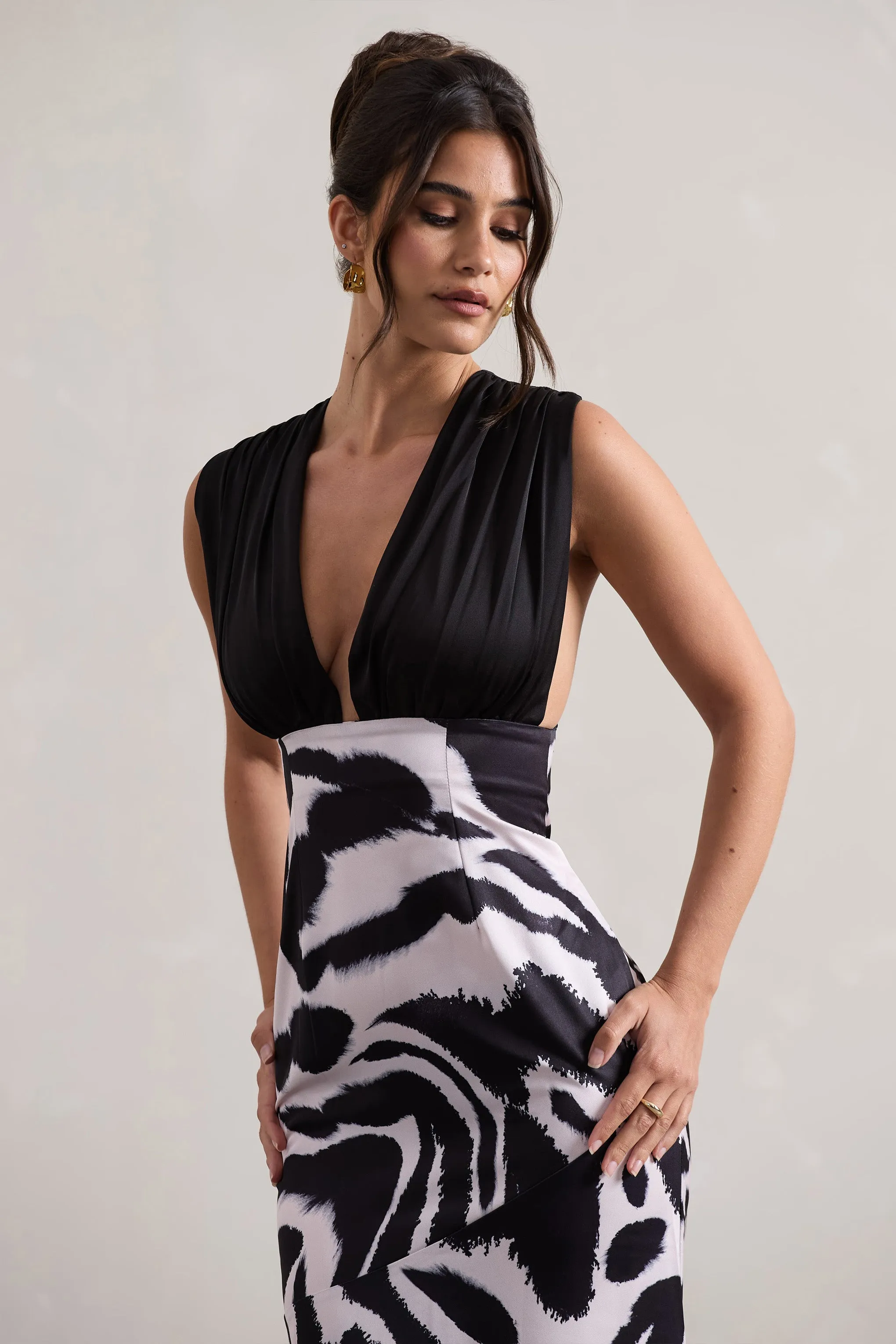 Azzara | Zebra Print Satin Ruched V-Neck Maxi Dress