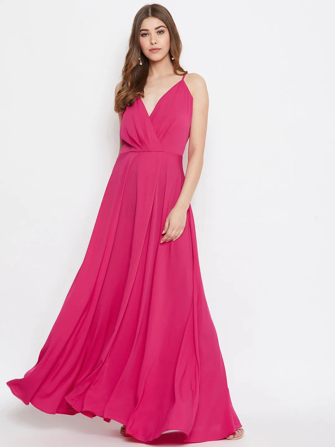 Berrylush Women Solid Pink V-Neck Sleeveless Pleated Maxi Dress