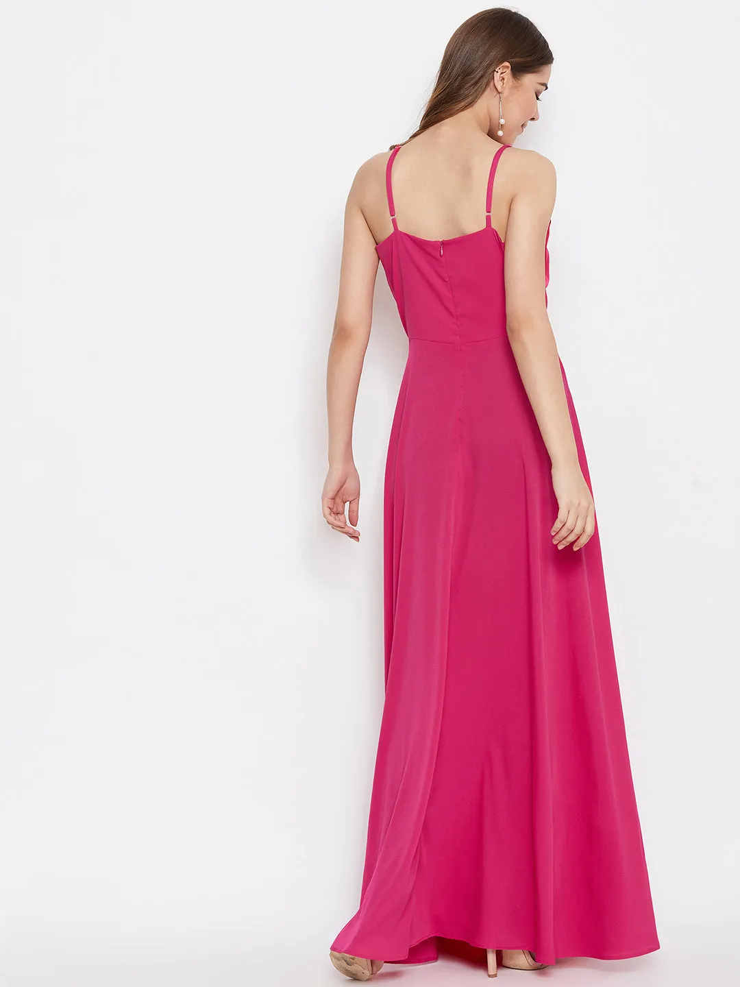 Berrylush Women Solid Pink V-Neck Sleeveless Pleated Maxi Dress