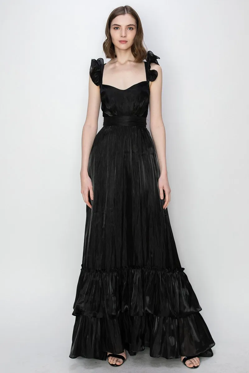 Black Shimmery Woven Ruffle Shoulder Tiered Maxi Dress