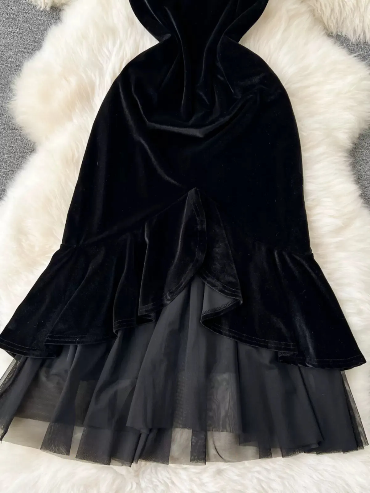 Black Velvet Noir Tiered Cocktail Dress