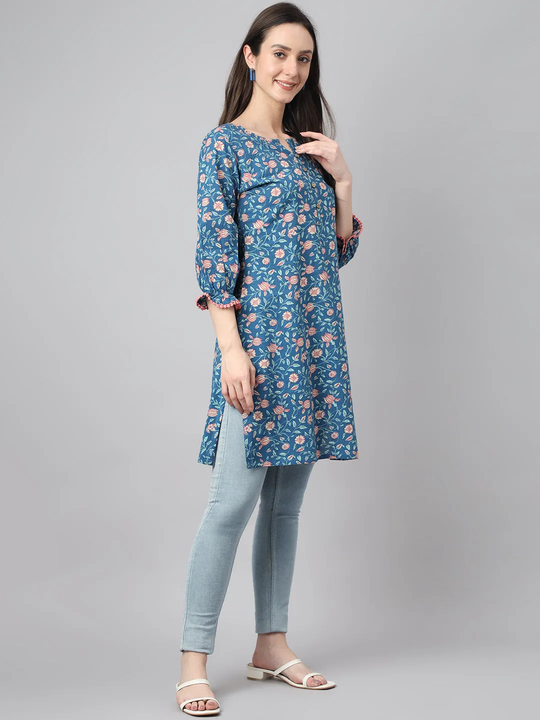 Blue Cotton Floral Print Tunic