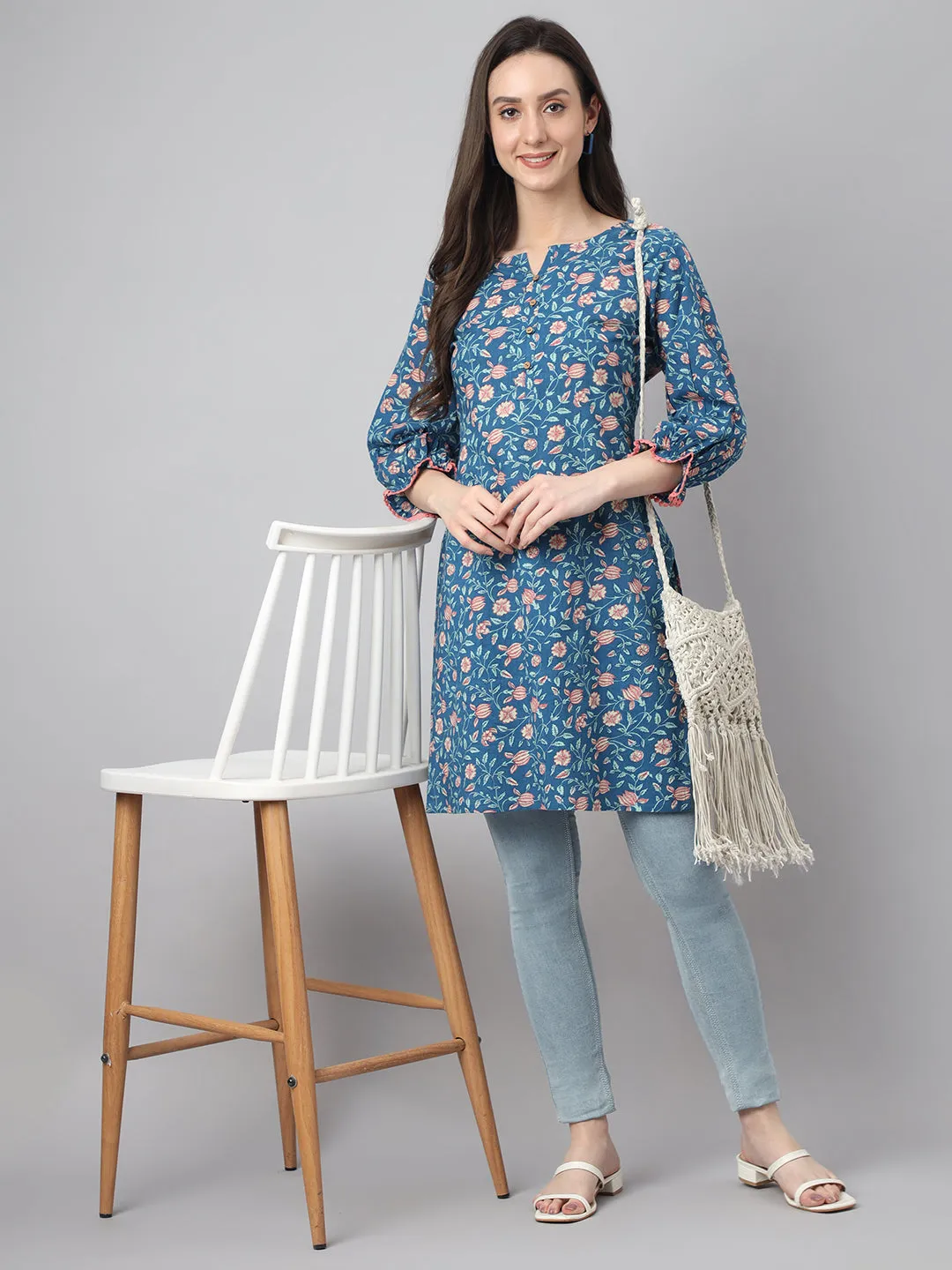 Blue Cotton Floral Print Tunic