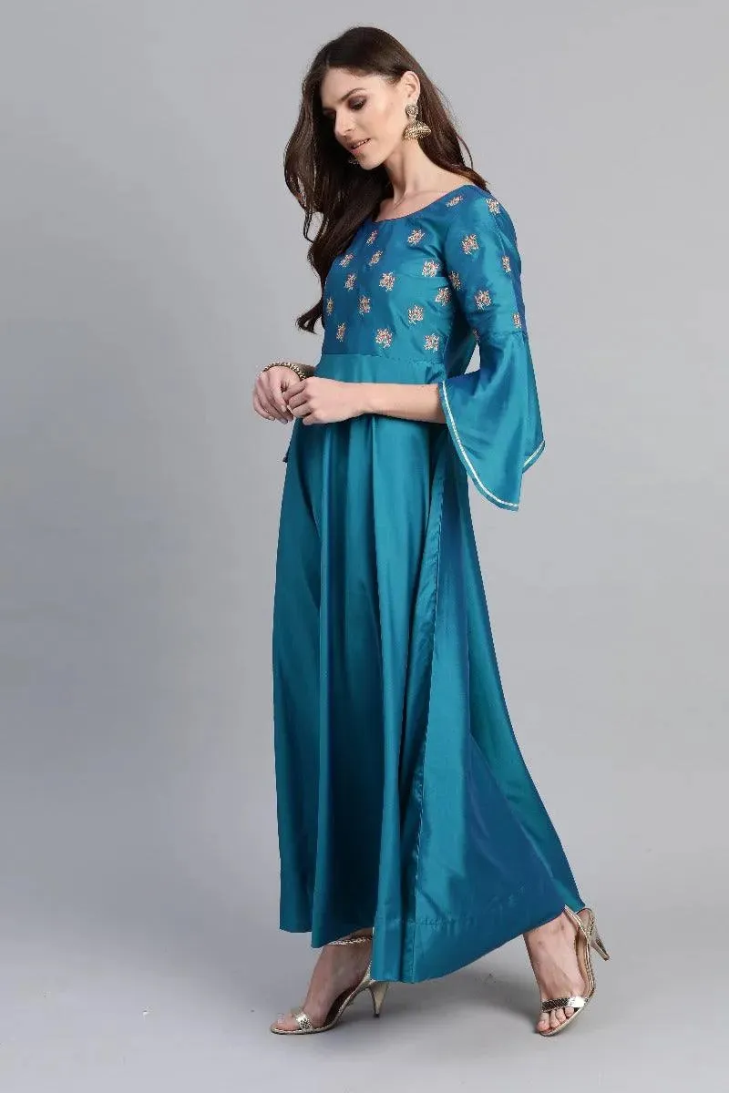 Blue Embroidered Chanderi Dress With Dupatta