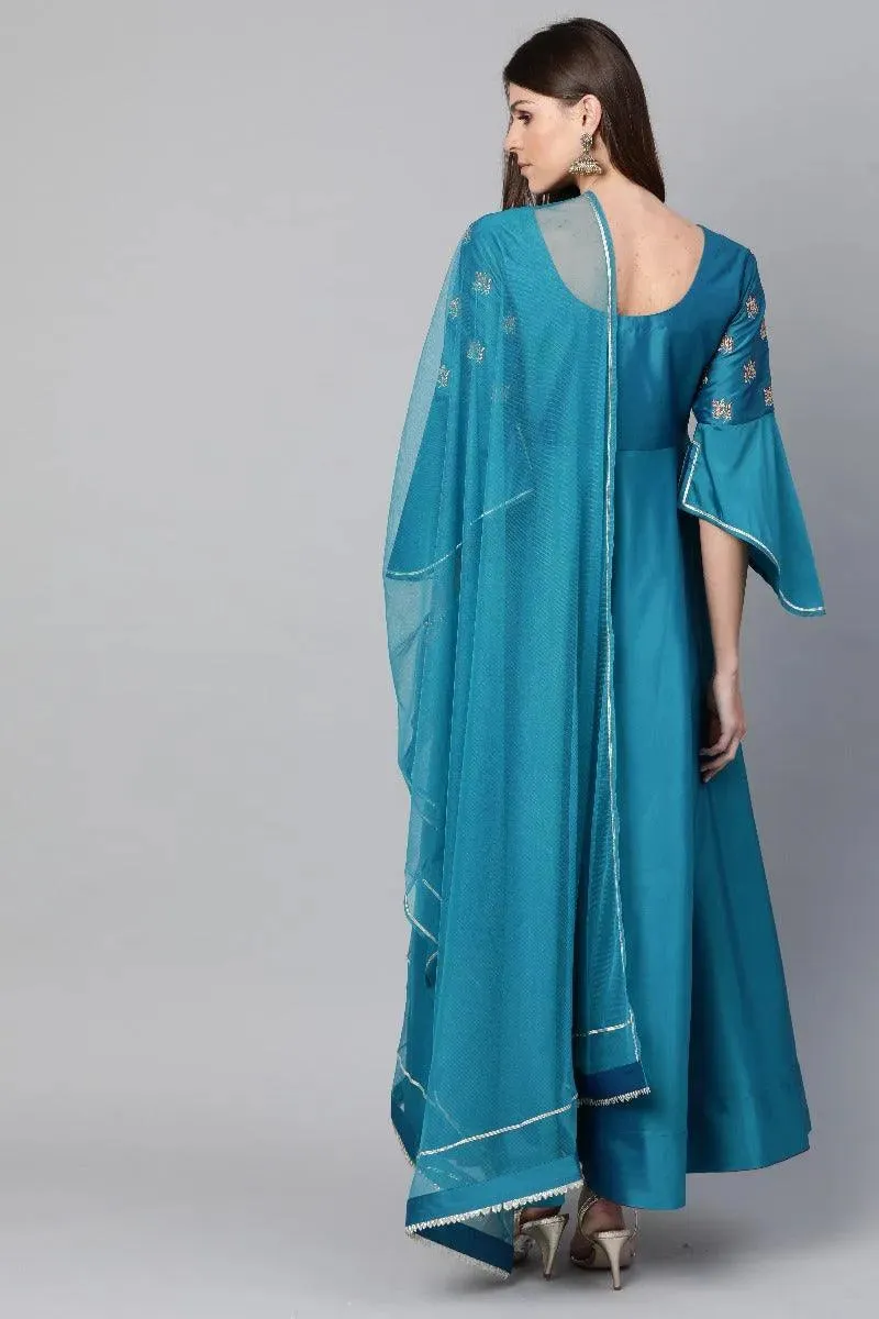 Blue Embroidered Chanderi Dress With Dupatta