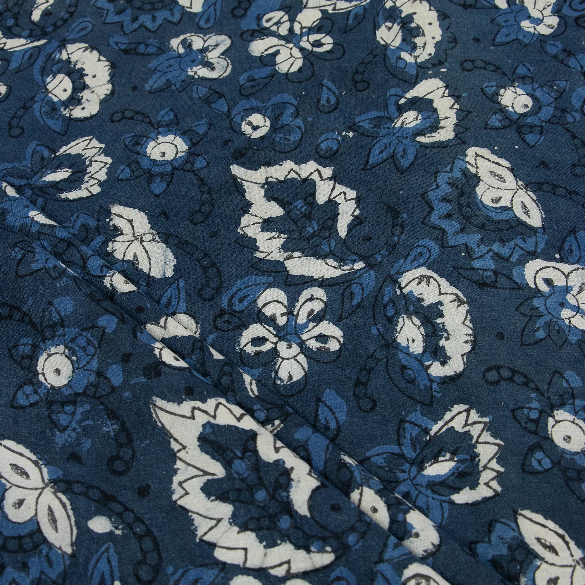 Blue Floral Dabu Print Fabric For Dress