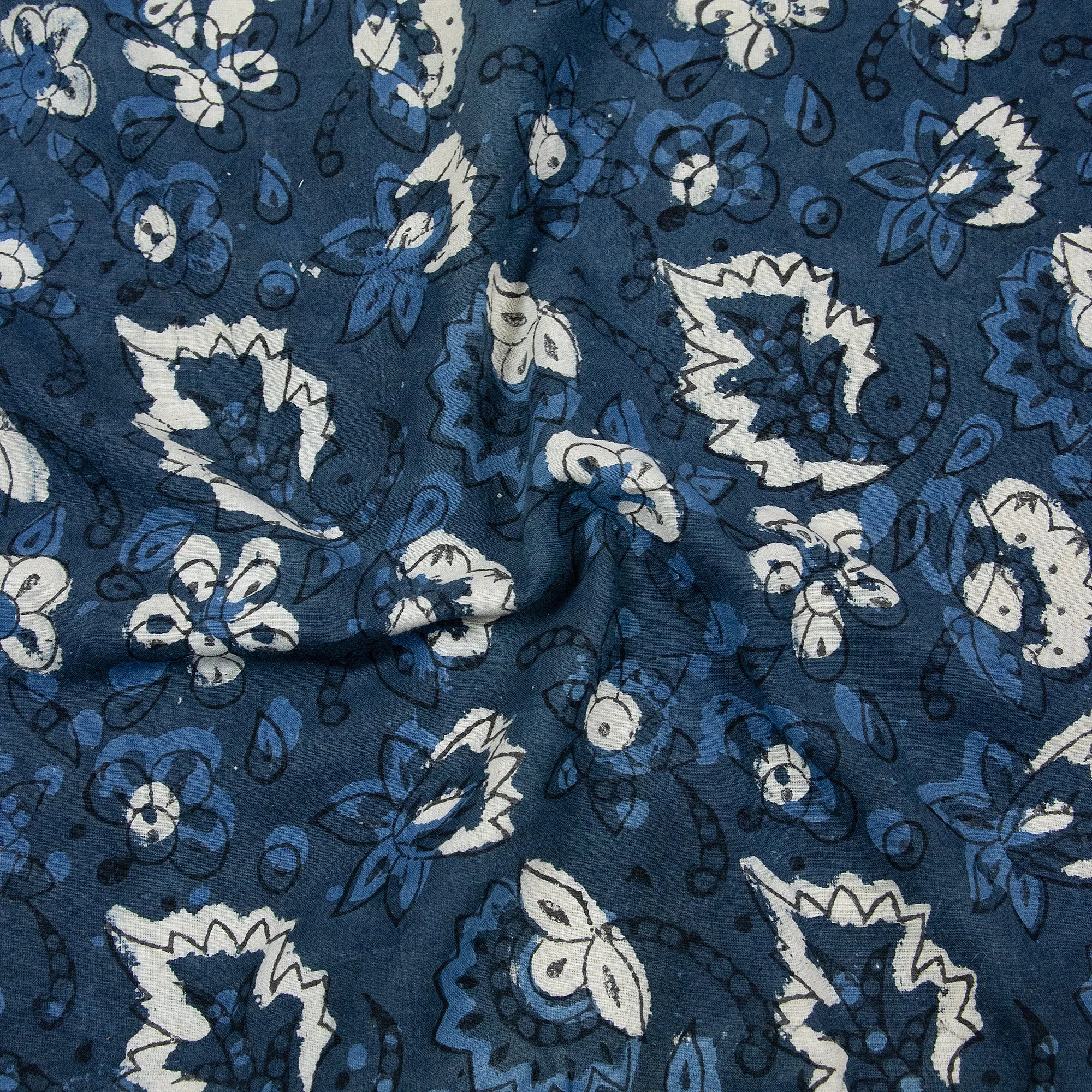 Blue Floral Dabu Print Fabric For Dress