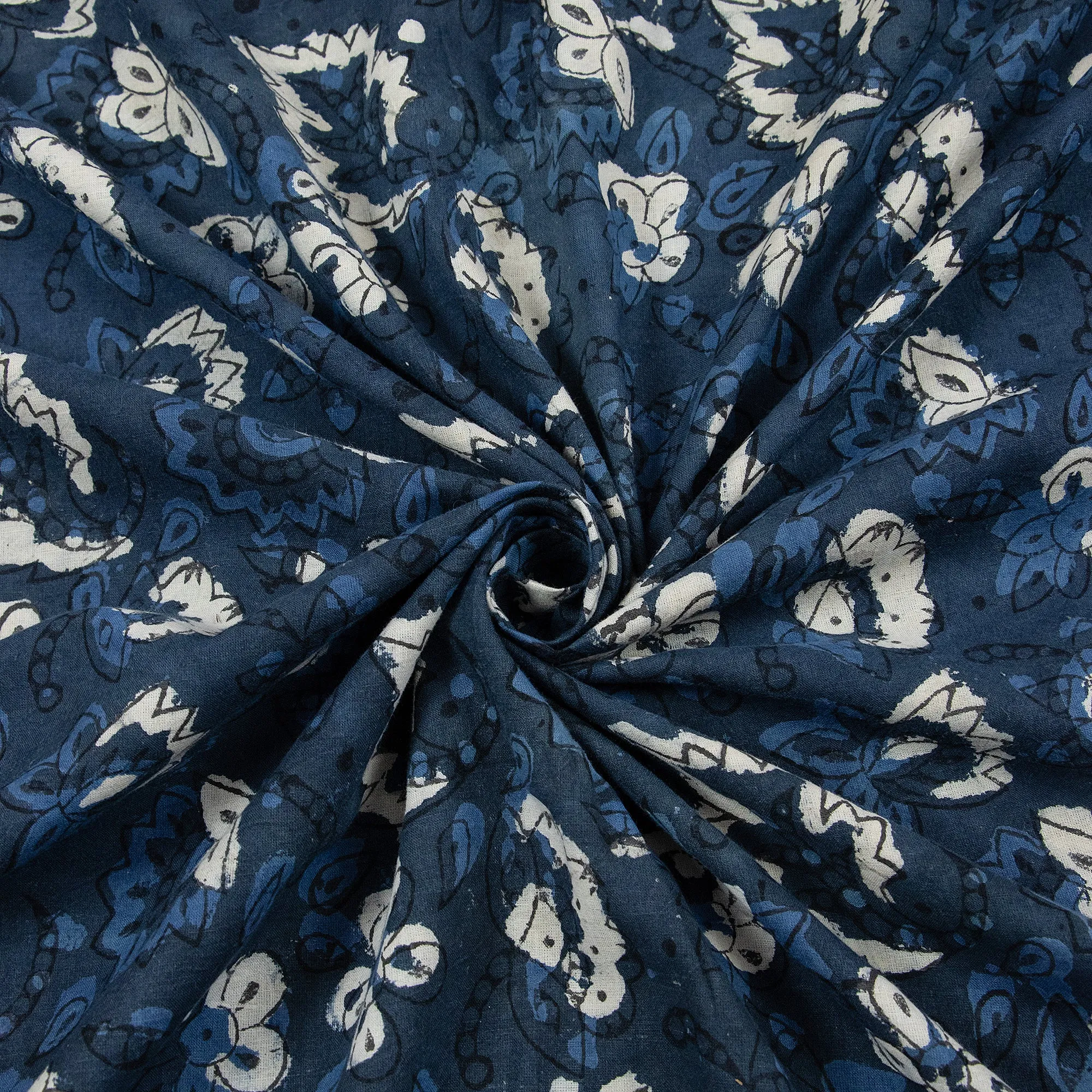 Blue Floral Dabu Print Fabric For Dress