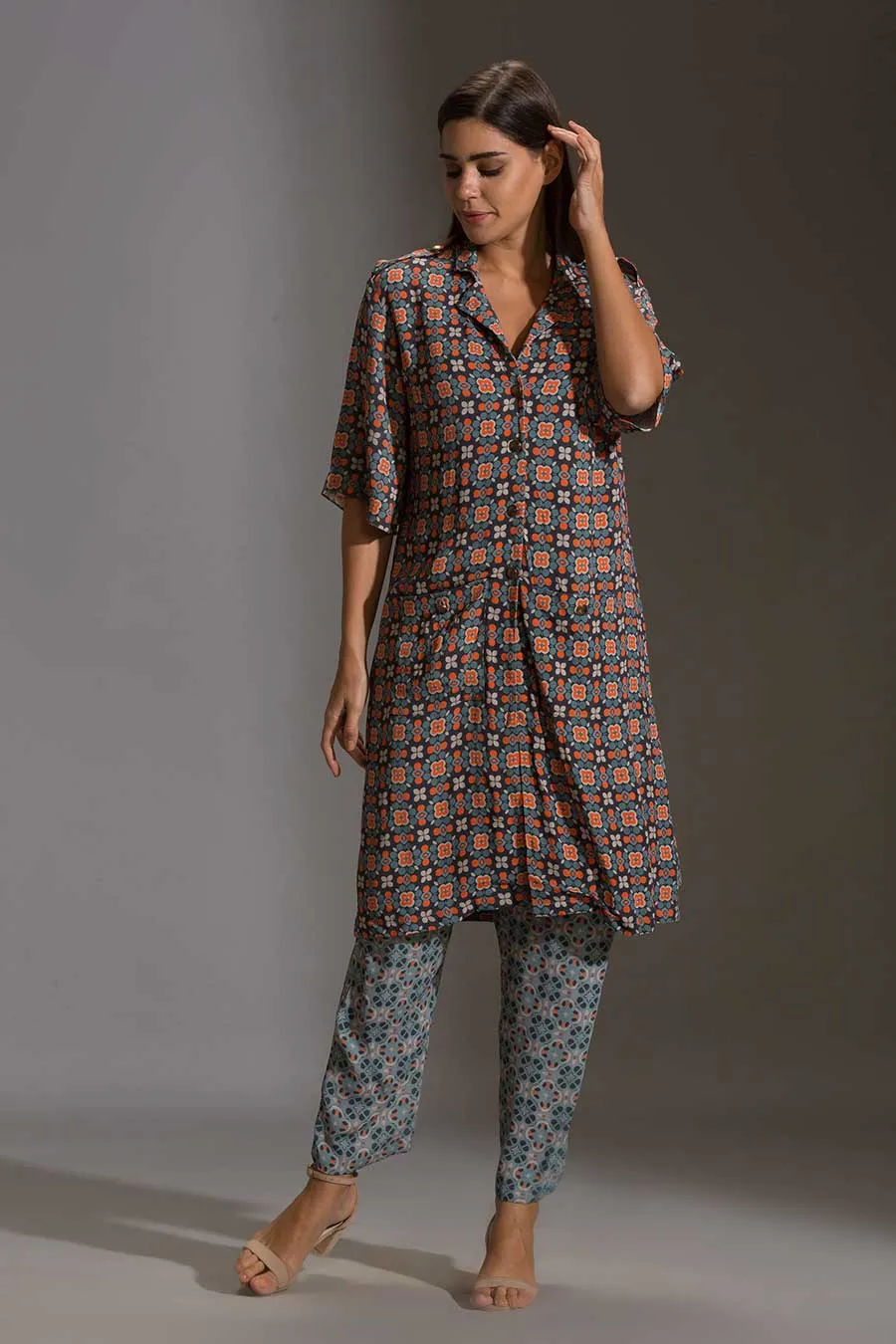 Blue Printed Shirt Tunic & Pant Set