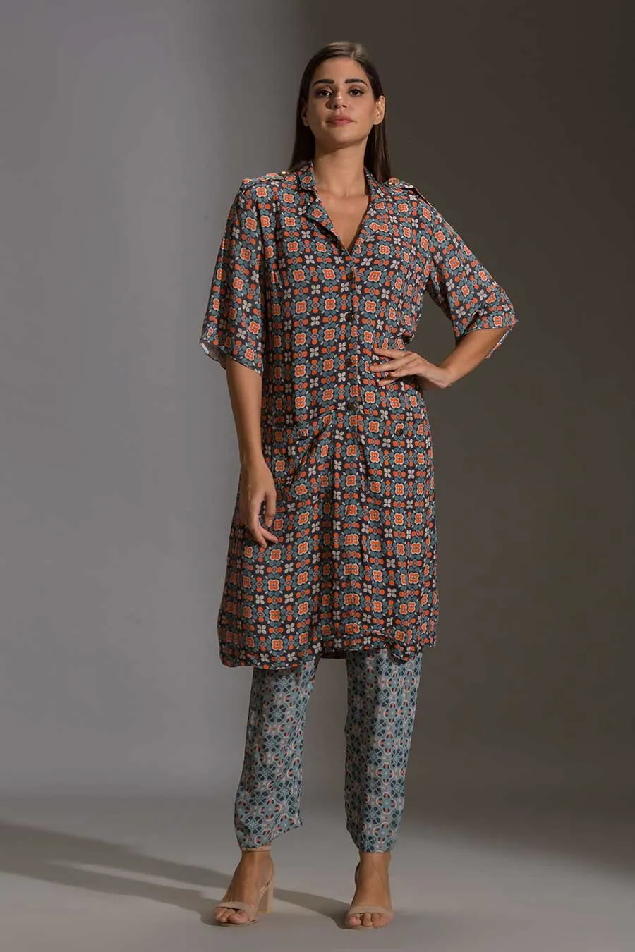 Blue Printed Shirt Tunic & Pant Set