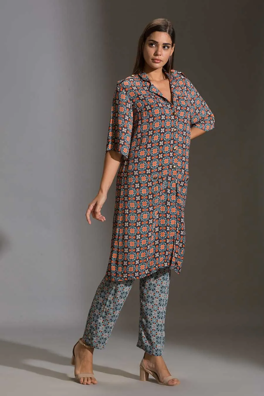 Blue Printed Shirt Tunic & Pant Set