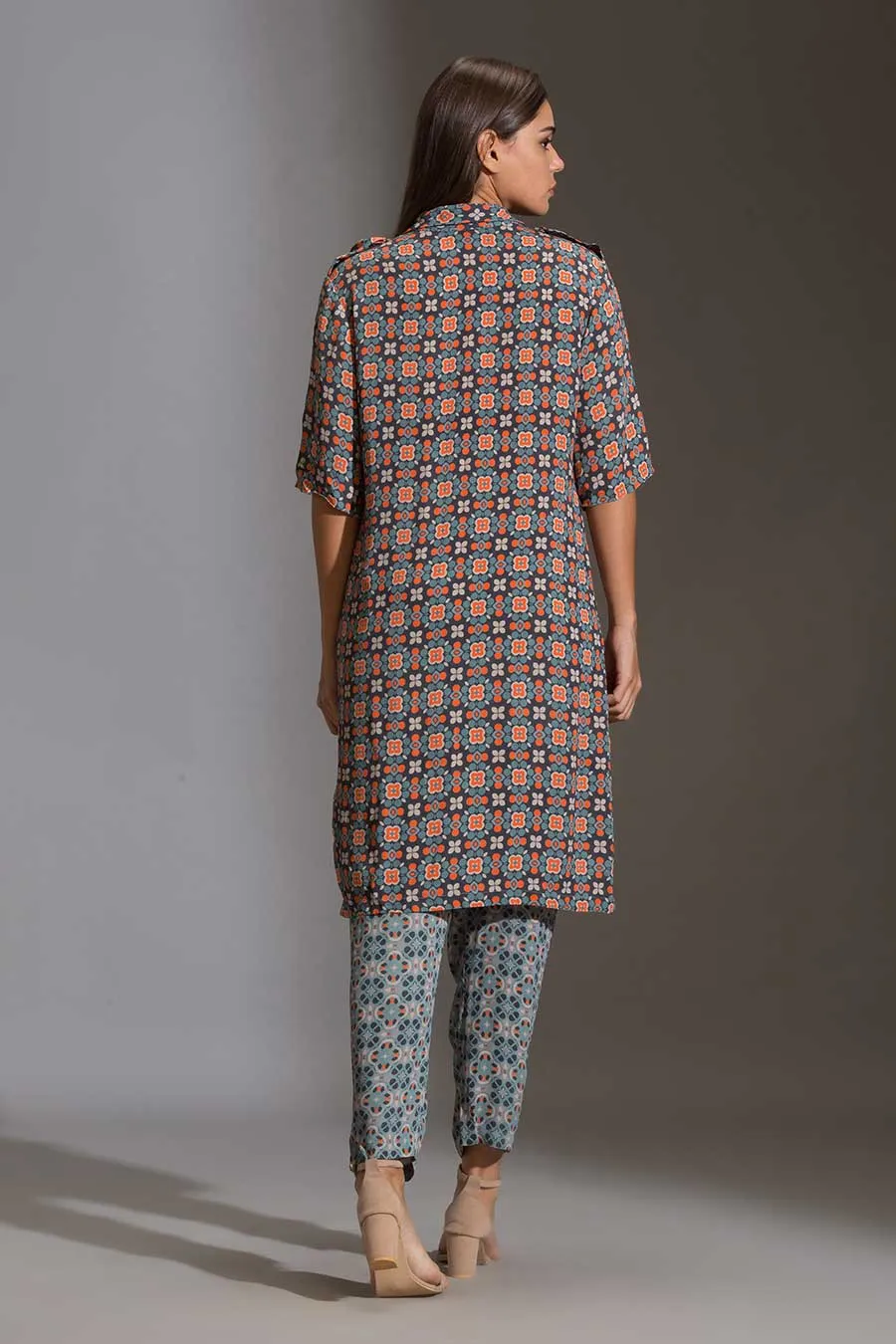 Blue Printed Shirt Tunic & Pant Set