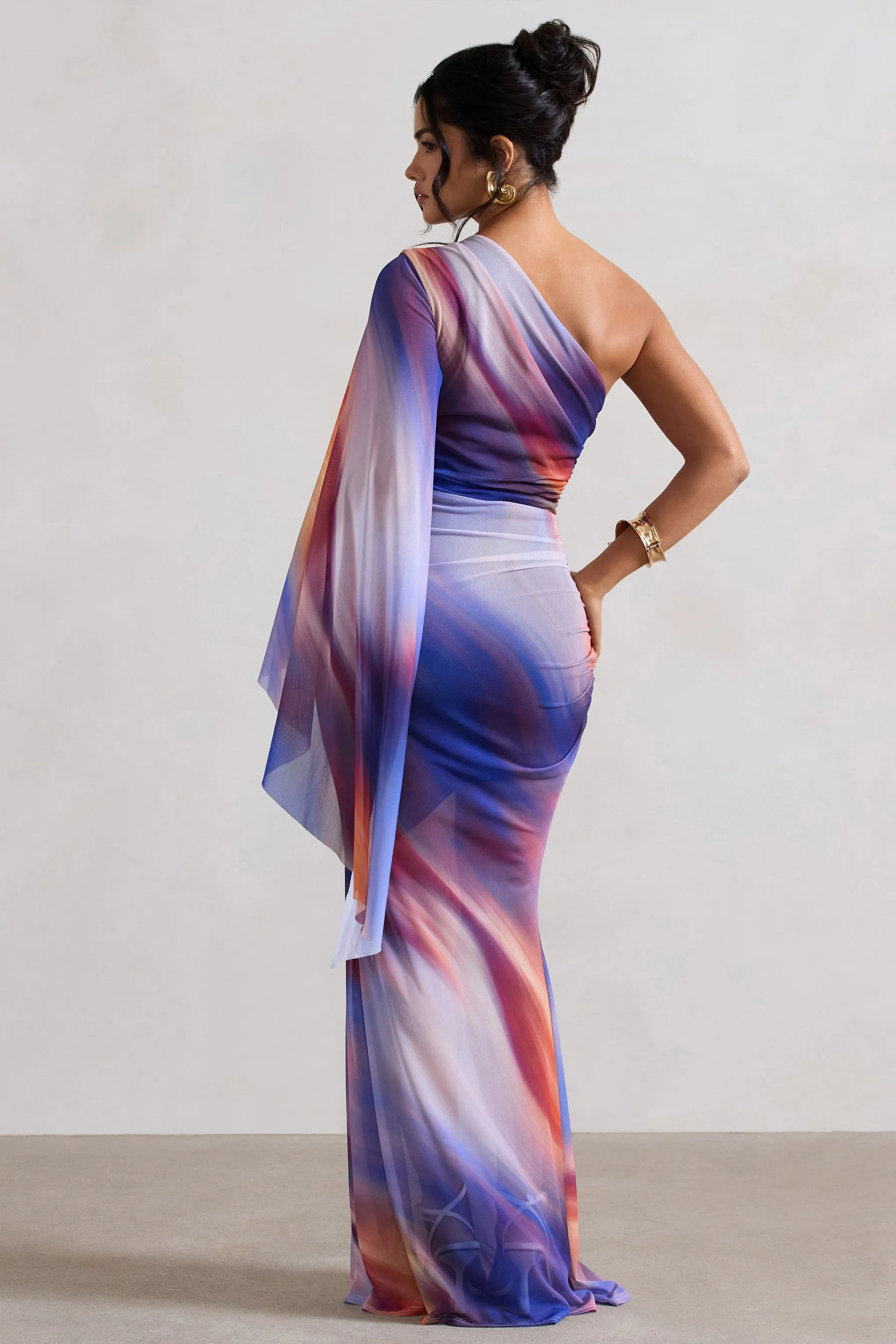 Brisa | Ombre Print Mesh Asymmetric Ruched Maxi Dress