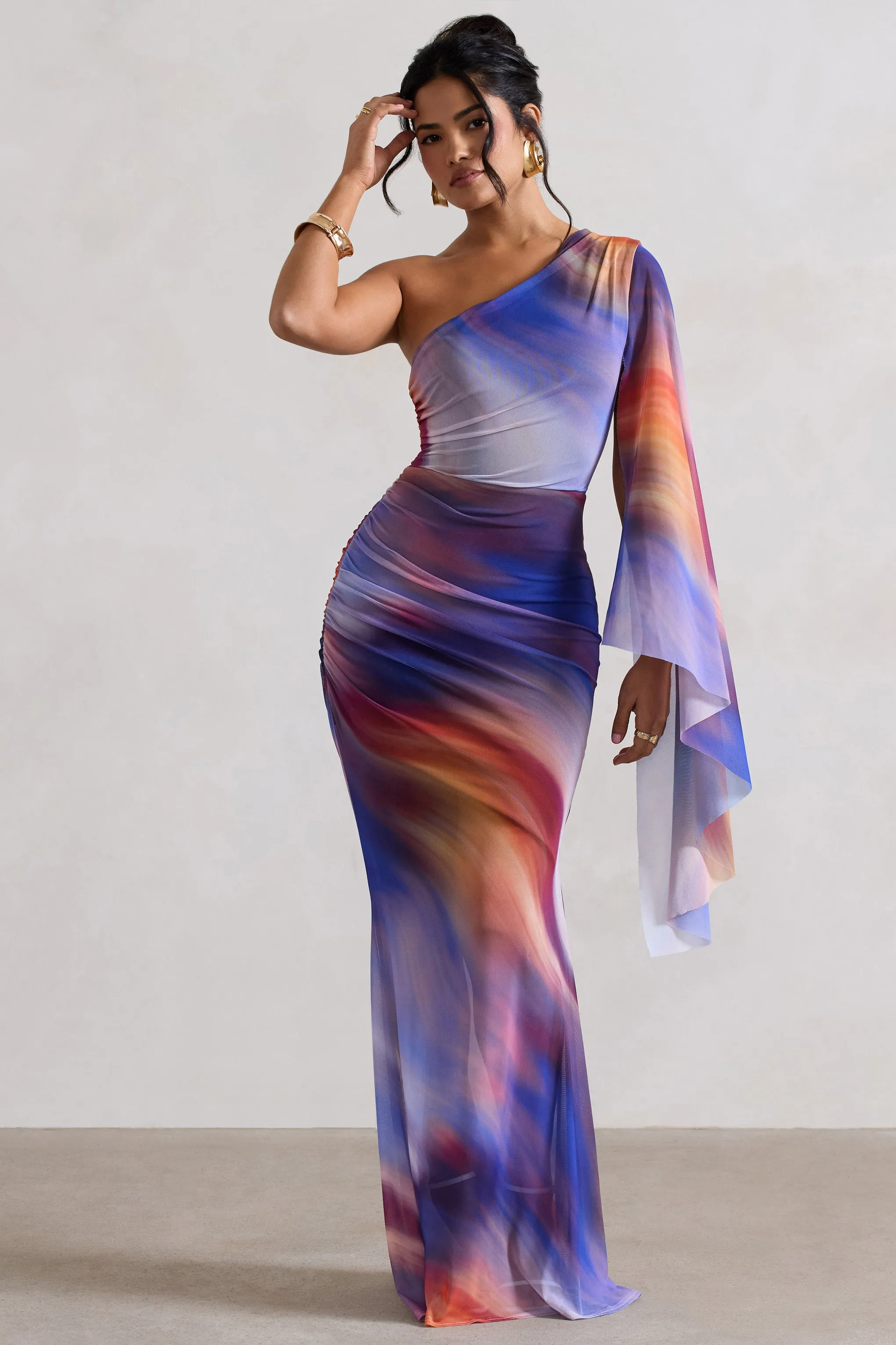 Brisa | Ombre Print Mesh Asymmetric Ruched Maxi Dress