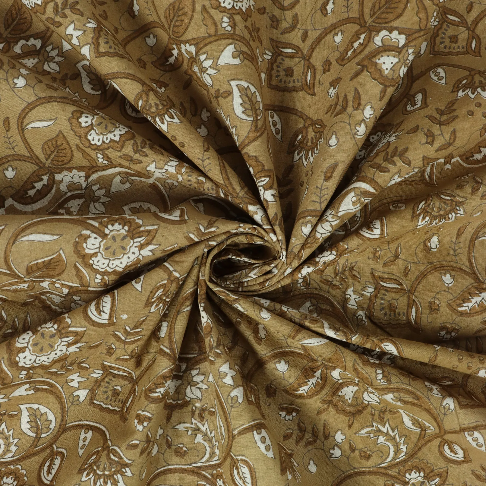 Brown Hand Block Floral Dabu Print Fabric For Dress