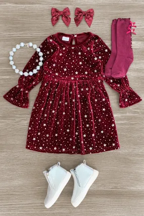 Burgundy Velvet Glitter Star Dress