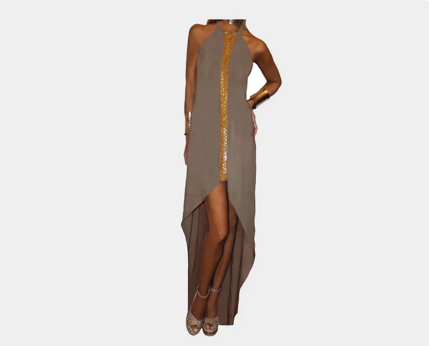 C. Taupe & Gold Front Slit Dress - The St. Tropez