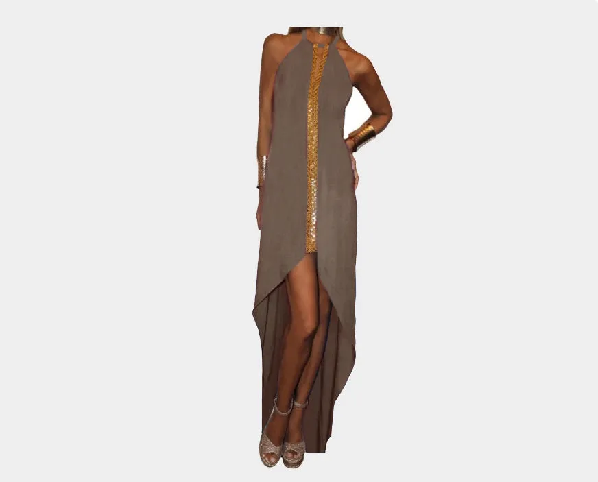 C. Taupe & Gold Front Slit Dress - The St. Tropez