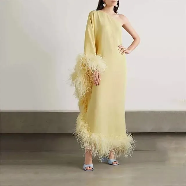 Casual Dress Ostrich Feather- trimmed Crepe Maxi Pretty Party Pastel Yellow Rayon Feather Party Dress 5MVE54