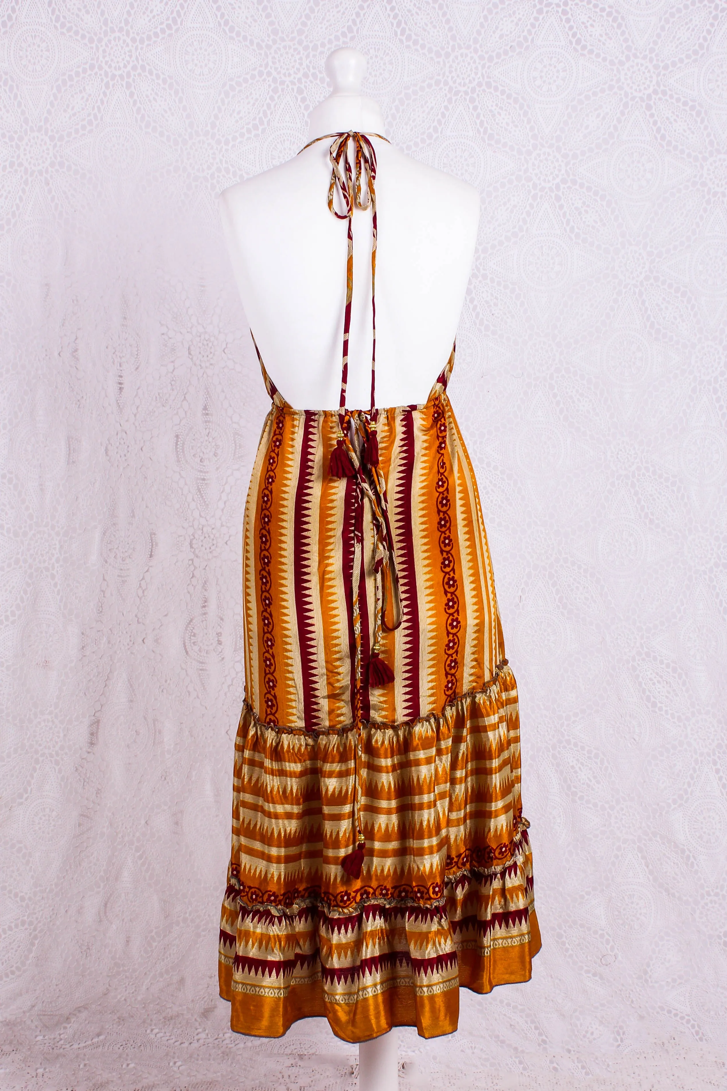 Cherry Mini Halter Dress - Turmeric & Wine Geometric Vintage Sari (Free Size)