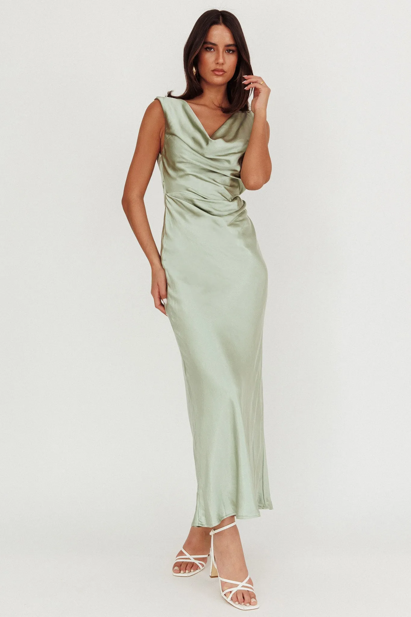 Chills Cowl Neck Satin Maxi Dress Sage